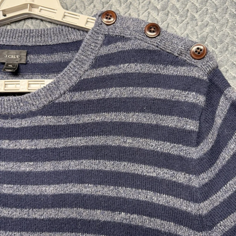 J.Crew Men's XL Sweater Striped Button‎ Shoulder Navy Gray 100% Cotton Soft